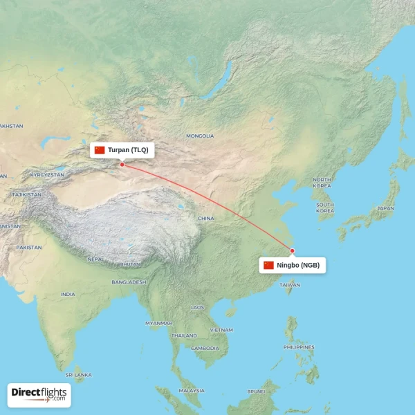 Turpan - Ningbo direct flight map