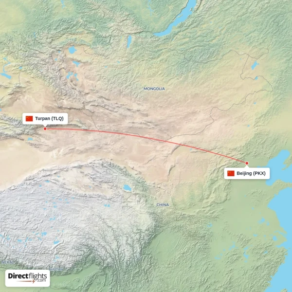 Turpan - Beijing direct flight map