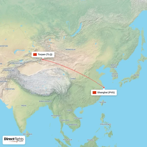 Turpan - Shanghai direct flight map