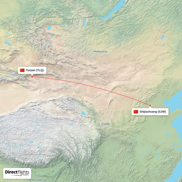 Turpan - Shijiazhuang direct flight map