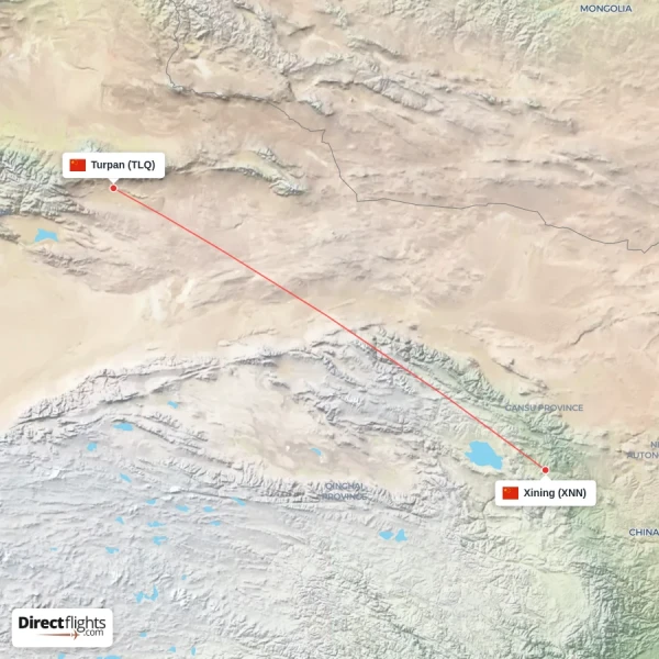 Turpan - Xining direct flight map