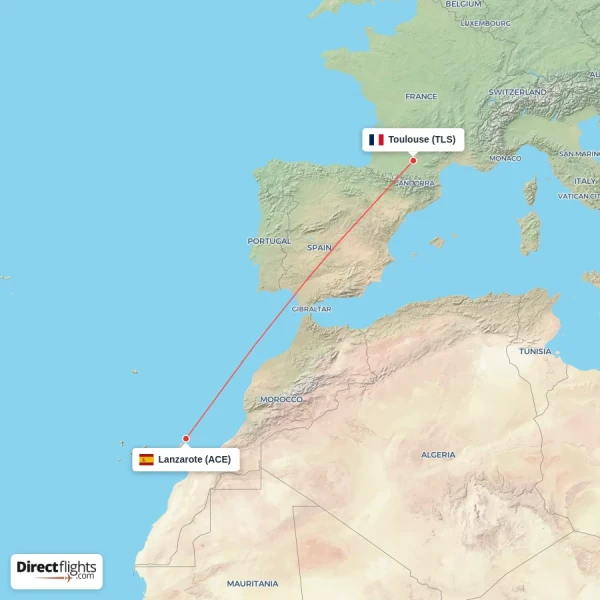 Toulouse - Lanzarote direct flight map