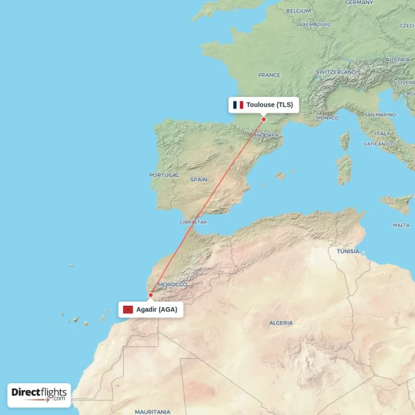 Toulouse - Agadir direct flight map