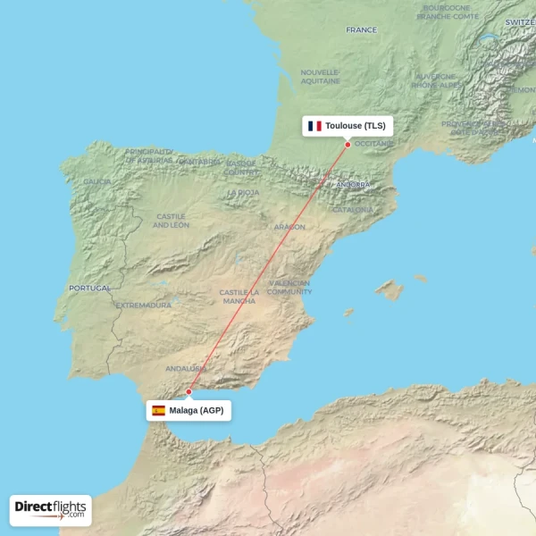 Toulouse - Malaga direct flight map