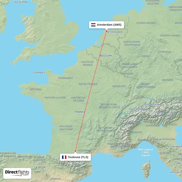 Toulouse - Amsterdam direct flight map