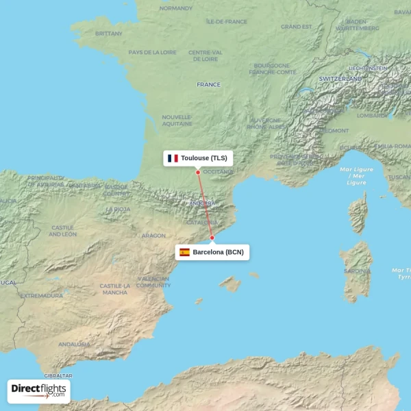Toulouse - Barcelona direct flight map