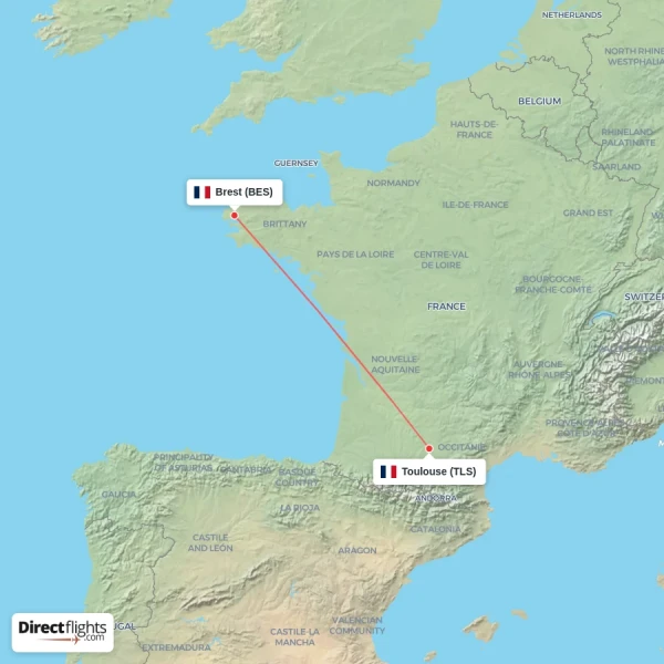 Toulouse - Brest direct flight map