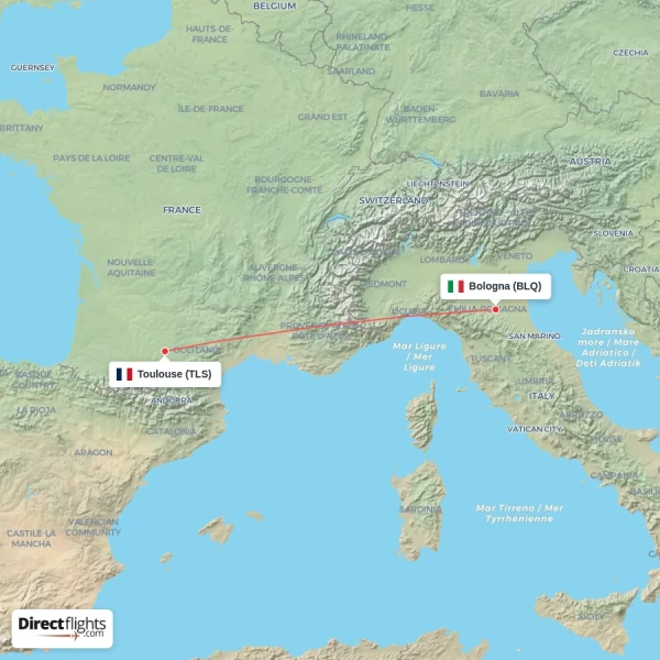Toulouse - Bologna direct flight map