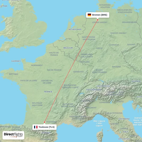 Toulouse - Bremen direct flight map