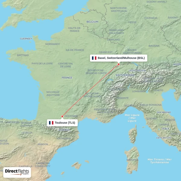 Toulouse - Basel, Switzerland/Mulhouse direct flight map