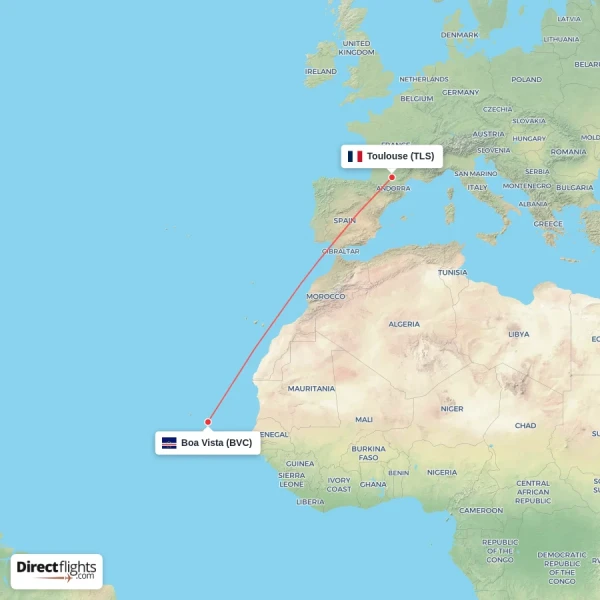 Toulouse - Boa Vista direct flight map