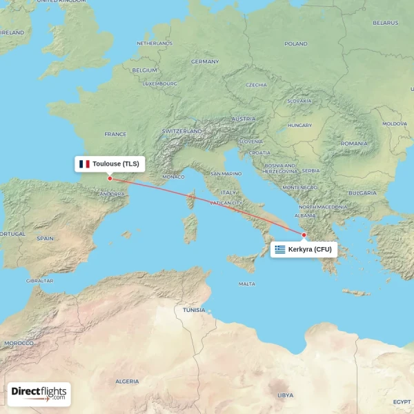 Toulouse - Kerkyra direct flight map