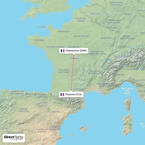 Toulouse - Chateauroux direct flight map