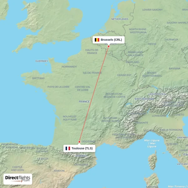 Toulouse - Brussels direct flight map