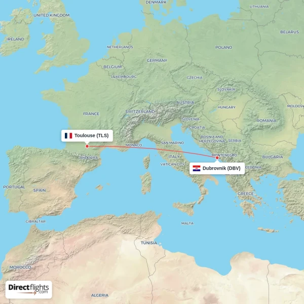Toulouse - Dubrovnik direct flight map