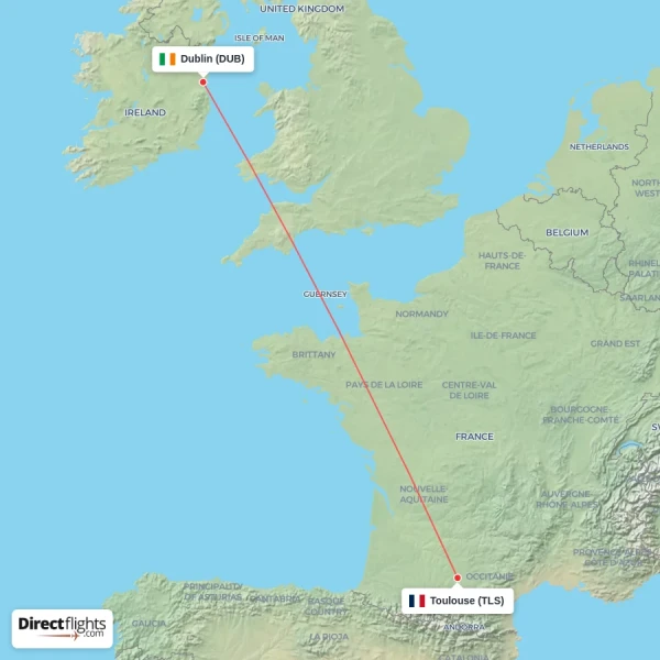 Toulouse - Dublin direct flight map