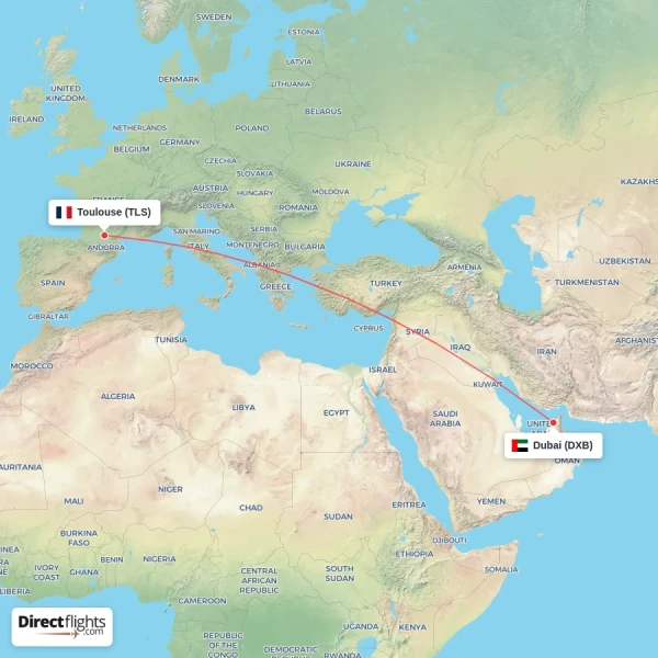 Toulouse - Dubai direct flight map