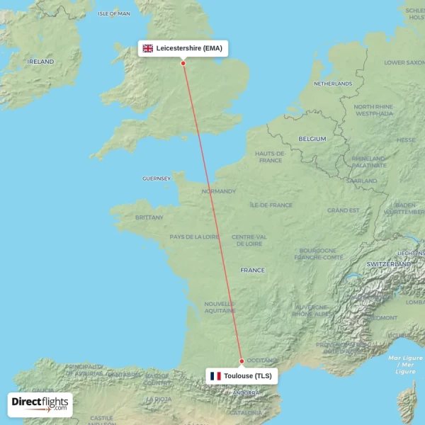 Toulouse - Leicestershire direct flight map