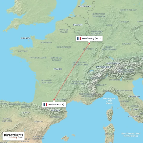 Toulouse - Metz/Nancy direct flight map