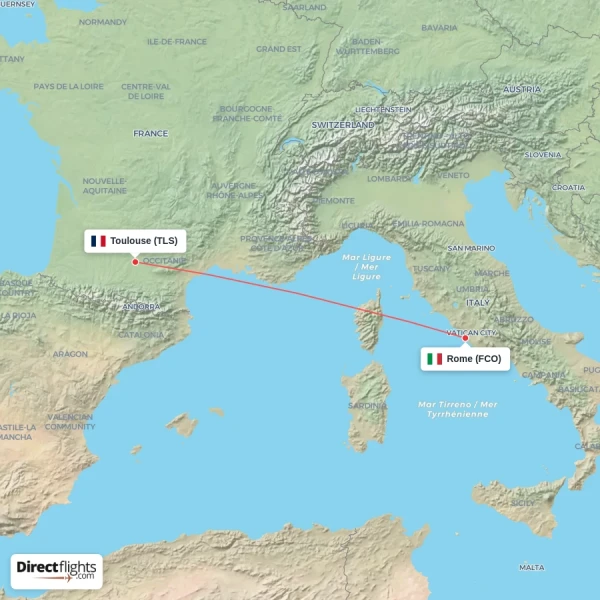 Toulouse - Rome direct flight map