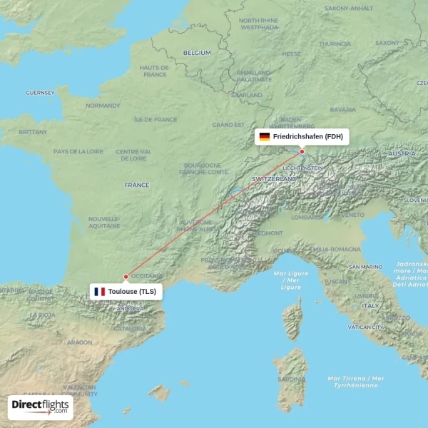 Toulouse - Friedrichshafen direct flight map