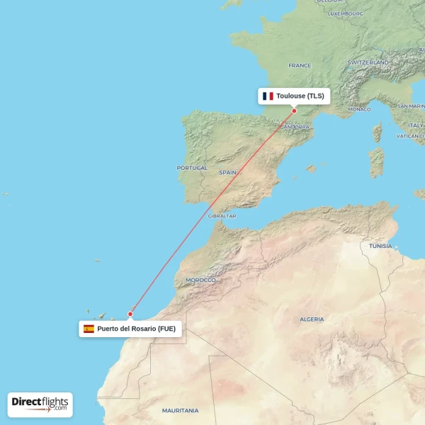 Toulouse - Puerto del Rosario direct flight map