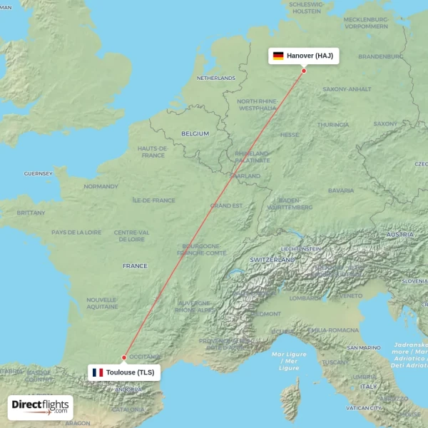 Toulouse - Hanover direct flight map