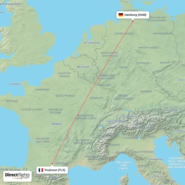Toulouse - Hamburg direct flight map