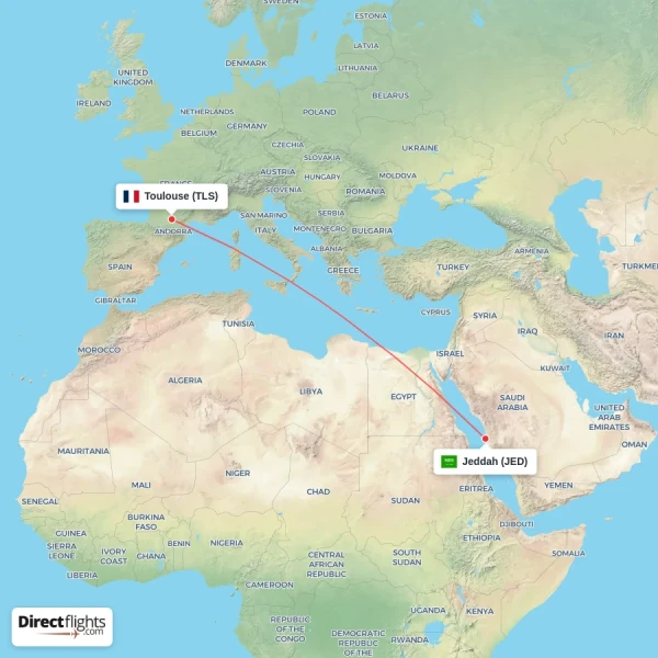 Toulouse - Jeddah direct flight map