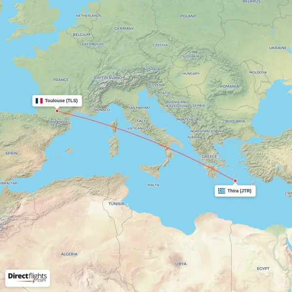 Toulouse - Thira direct flight map
