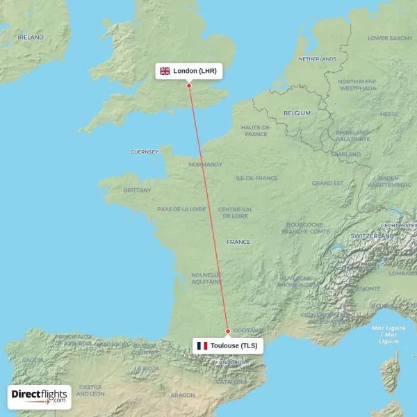 Toulouse - London direct flight map