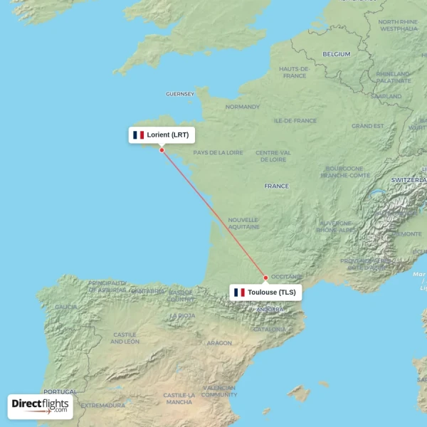 Toulouse - Lorient direct flight map