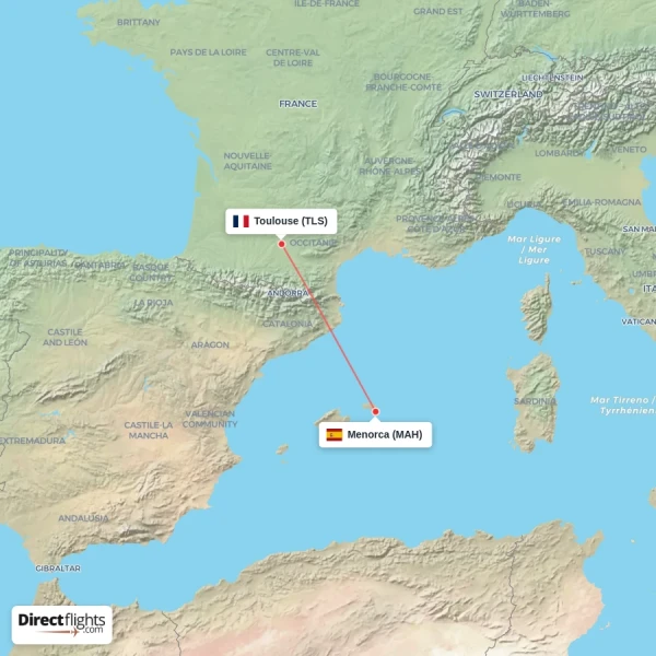 Toulouse - Menorca direct flight map