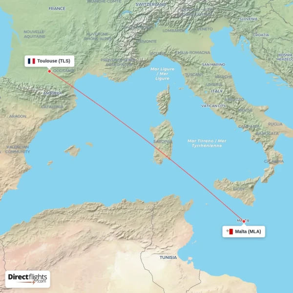 Toulouse - Malta direct flight map
