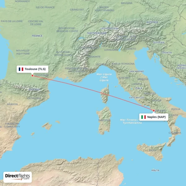 Toulouse - Naples direct flight map