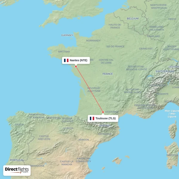 Toulouse - Nantes direct flight map