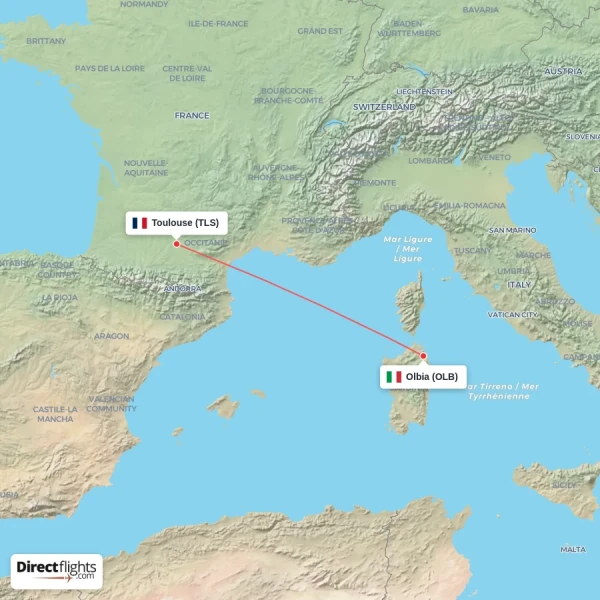 Toulouse - Olbia direct flight map