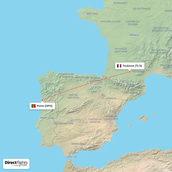 Toulouse - Porto direct flight map