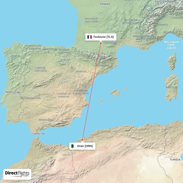 Toulouse - Oran direct flight map