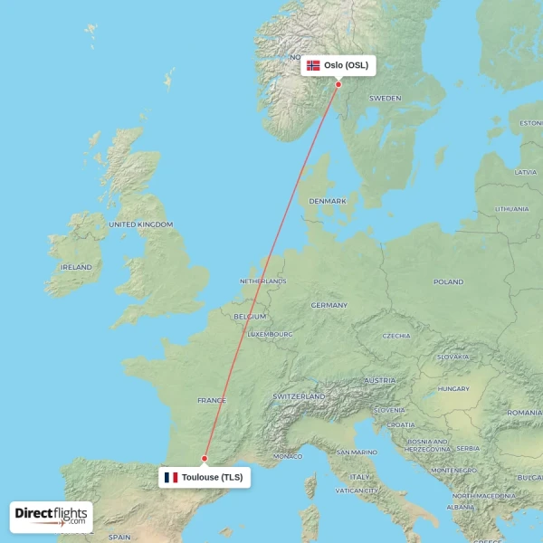 Toulouse - Oslo direct flight map