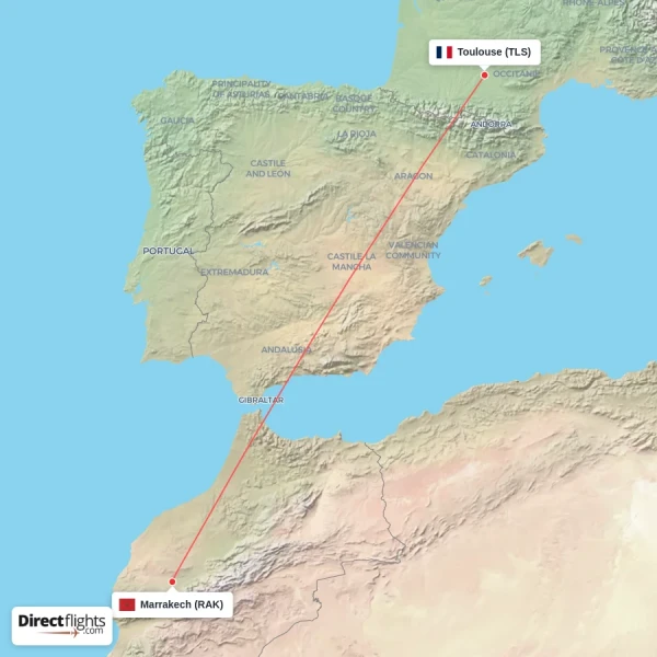 Toulouse - Marrakech direct flight map