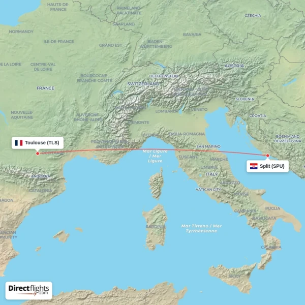 Toulouse - Split direct flight map