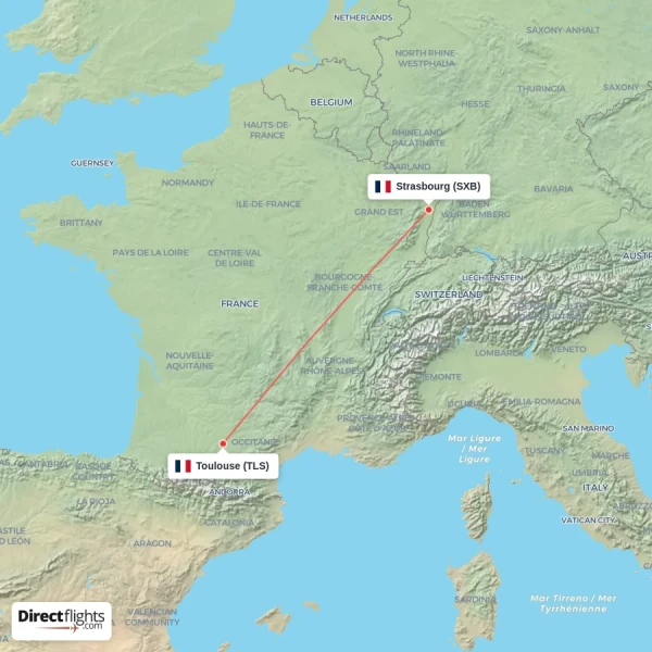 Toulouse - Strasbourg direct flight map