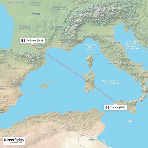 Toulouse - Trapani direct flight map