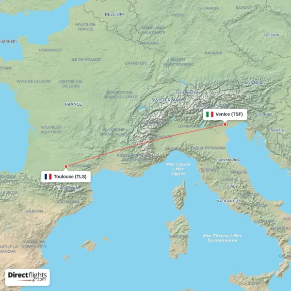 Toulouse - Venice direct flight map