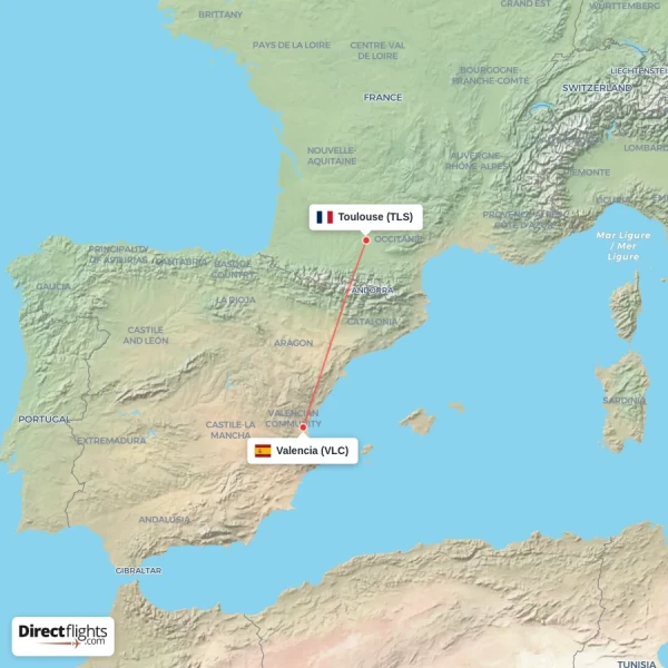 Toulouse - Valencia direct flight map