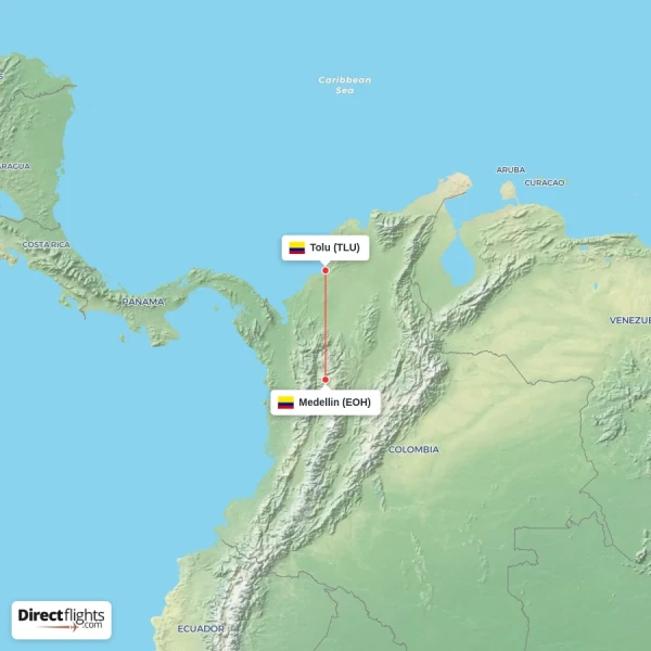 Tolu - Medellin direct flight map