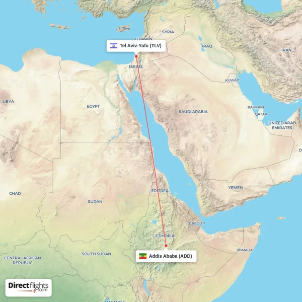 Tel Aviv-Yafo - Addis Ababa direct flight map
