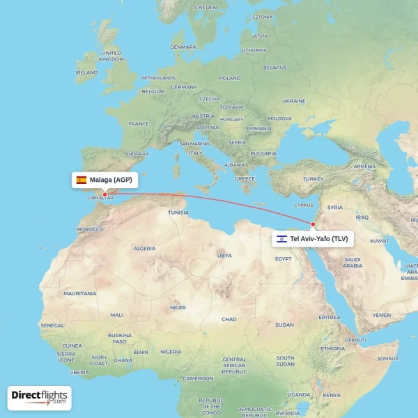 Tel Aviv-Yafo - Malaga direct flight map