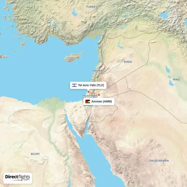 Tel Aviv-Yafo - Amman direct flight map